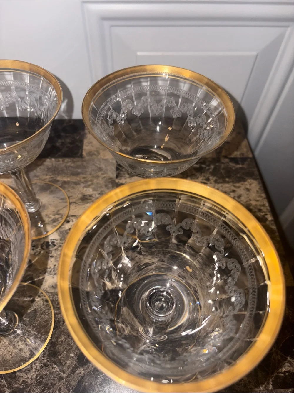 Vintage Gold-Rimmed Encrusted Etched Glass Coupe (Set of 6)